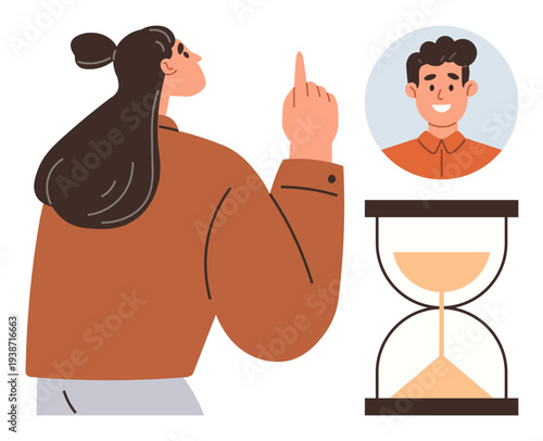 Time management, productivity, teamwork, goal setting, planning strategy, motivation. Woman pointing upwards, hourglass and man s portrait. Time management and productivity