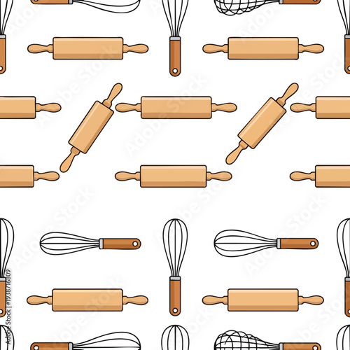 Seamless Pattern of Wooden Kitchen Utensils and Whisks for Baking and Cooking Design