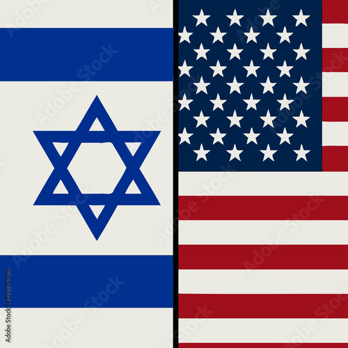 Israel and United States of America federal state Official Symbol Side by Side. National Flag Combination Image. Close Up Sign. Close-Up International Relations Concept Illustration