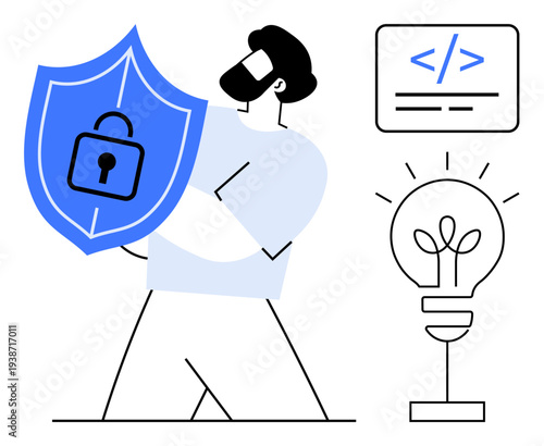 Online security, data protection, innovation, technology, software coding, creative solutions. Person holds a shield with a lock icon, alongside a code symbol and lightbulb. Cybersecurity