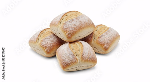 Four square-shaped, light brown bread rolls with a dusting of flour, arranged on a white background, ready to be served.