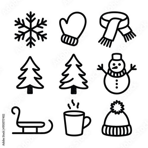 Cozy Winter Season Holiday and Cold Weather Nature Icons