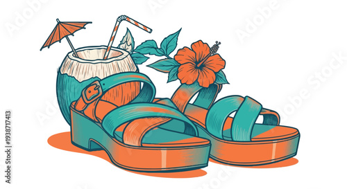 A vibrant summer-themed graphic featuring teal and orange platform sandals paired with a refreshing coconut cocktail and a coral hibiscus flower