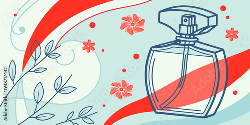 Elegant perfume bottle vector illustration with modern feminine style. Perfect for fragrance branding, beauty product marketing, cosmetic packaging design, and fashion lifestyle graphics.