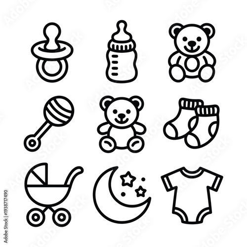 Cute Infant Baby Care and Nursery Essential Product Icons
