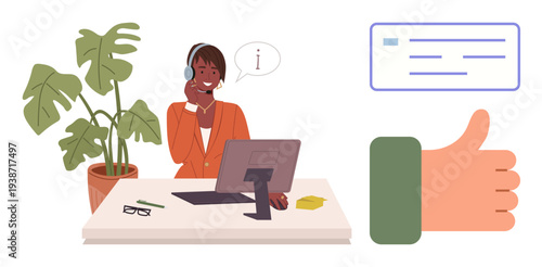 Customer service, communication, business assistance, teamwork, office environment, client support. Smiling agent wearing headset at desk with thumbs-up and dialogue box. Customer service