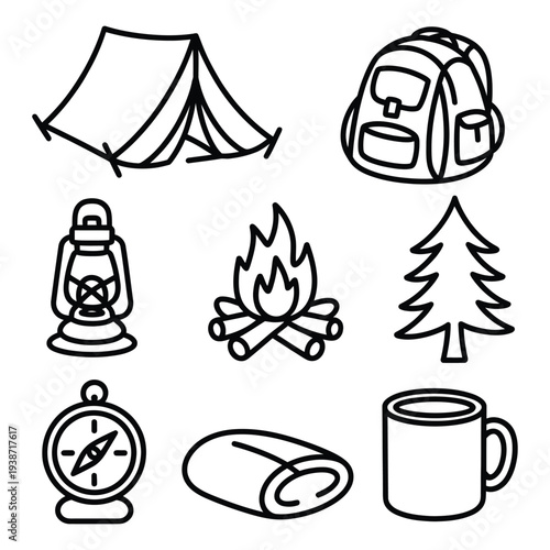 Outdoor Camping Adventure and Wilderness Exploration Icons