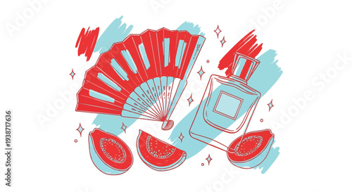 A vibrant two-tone line art illustration featuring slices of ripe guava fruit, a stylish perfume bottle, and an open folding fan.