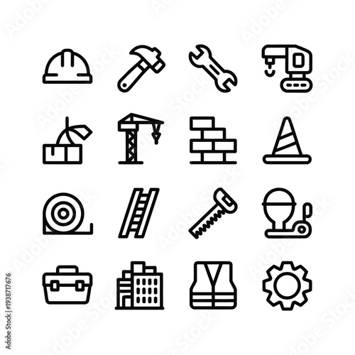 Industrial Construction Engineering and Hardware Tool Icon Set