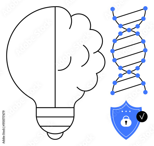 Innovation concept. Brain-bulb creativity, DNA structure, and cybersecurity shield for idea protection. Innovation driving progress in science, technology, and data security. For biotech, education