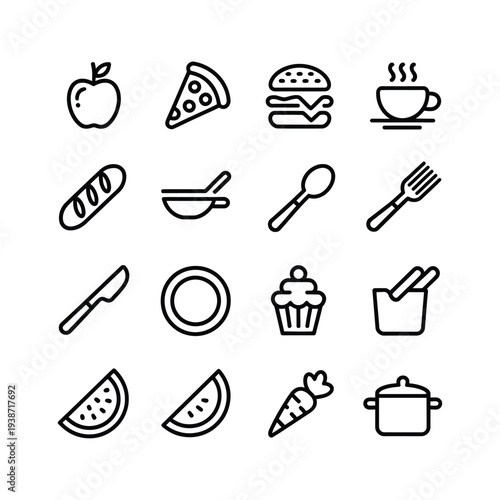 Modern Restaurant Menu and Fast Food Snacks Icon Collection