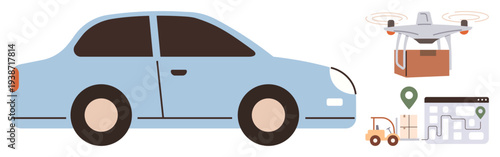 Autonomous driving, logistics systems, smart delivery, quadcopter technology, transport mapping, future mobility. A car, delivery Quadcopter forklift and digital map are . Autonomous driving