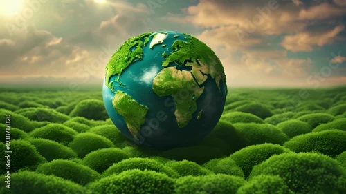 Environment World Earth Day, Green Earth with Environment icons, Earth globe in nature with green energy and ecological environmental concept Generative AI
