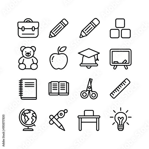 Creative Early Childhood Education and School Stationery Icons