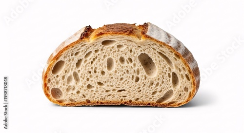 Close-up view of a freshly baked sourdough bread loaf cut in half, revealing its airy interior crumb structure on a white background.