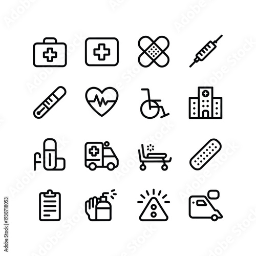 Emergency Healthcare Medical Services and Hospital Equipment Icons