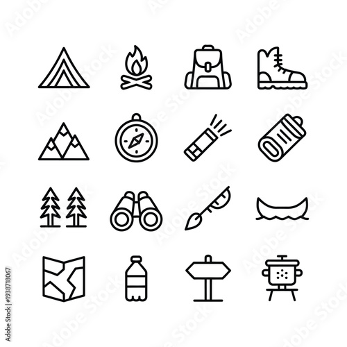 Outdoor Wilderness Adventure and Mountain Exploration Icons