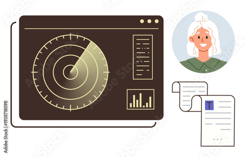 Data analysis, technology interfaces, tracking systems, user communication, security insights, and monitoring. Features a radar screen, profile avatar and documents. Data analysis and technology
