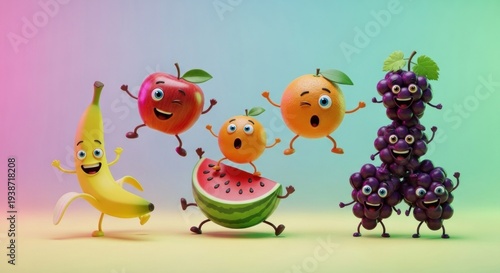 Animated fruit characters merrily gather against a rainbow-lit background