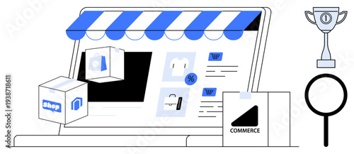 E-commerce concept. E-commerce website interface with shopping cart, shipping boxes, and payment options. E-commerce boosting business growth, online purchasing, and secure transactions. Great
