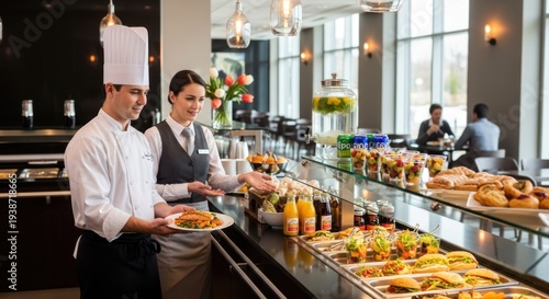 Buffet scene chef presents dish, waitress gestures towards food selection