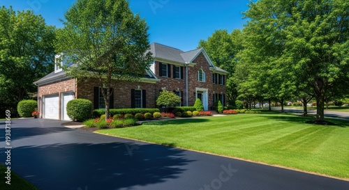 Brick house with manicured lawn, trees, and black asphalt driveway under a blue sky