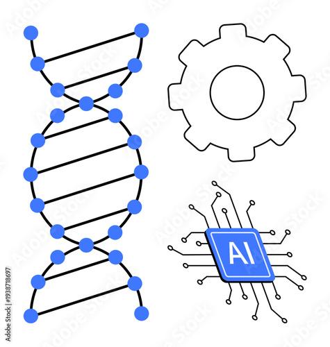 Biotechnology, artificial intelligence, machine learning, genetic research, innovation, technological integration. DNA strand, gear and AI microchip diagram. Biotechnology and artificial