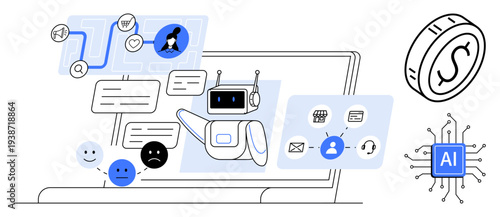 AI innovation, customer interaction, data processing, automation, digital finance, tech solutions. Robot, icons data flow. AI innovation and customer interaction