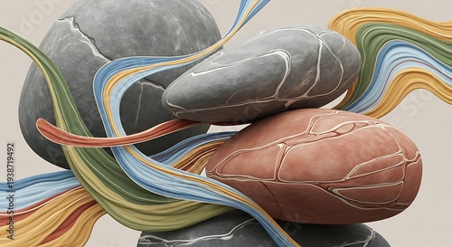 Abstract pebble arrangement with layered multicolored brushstroke accentuation