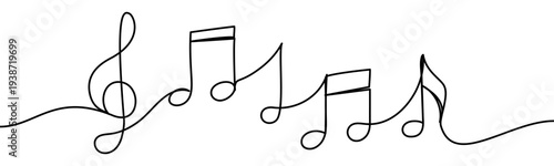 Continuous line vector illustration of music notes isolated on transparent background. Minimalist one line drawing concept of music, sound, melody and creative design