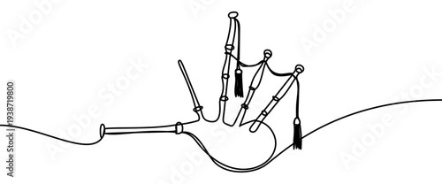 Continuous line vector illustration of traditional Scottish bagpipes isolated on transparent background. Minimalist one line drawing of a classic folk wind instrument in monoline style