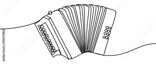 Continuous line vector illustration of a bayan accordion isolated on transparent background. Minimalist monoline drawing of a traditional button accordion musical instrument