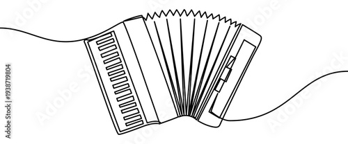 Continuous line vector illustration of an accordion isolated on transparent background. Minimalist monoline drawing of a classic musical instrument used in folk and traditional music