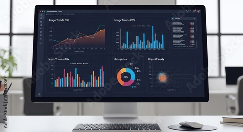Computer screen showing data visualizations, charts and graphs in dark theme