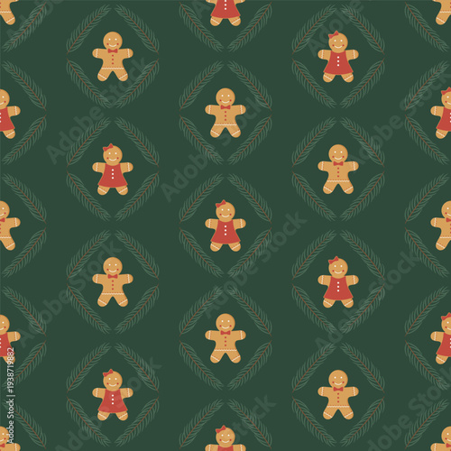 Seamless Christmas pattern with cute gingerbread cookies and pine branches on dark green background. Cute festive holiday illustration.