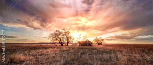 Canvastavla Old abandoned wooden farmhouse on the prairie at sunset
