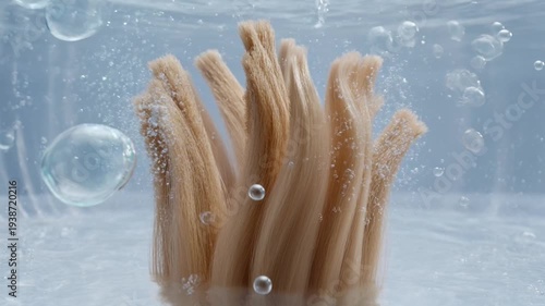 Detailed view of absorbent fabric bristles gently immersed in clear water with numerous refreshing air bubbles, symbolizing purity and deep cleansing