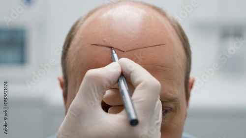 Medical professional meticulously preparing a client's head for a transformative hair transplant surgery, outlining precise treatment zones