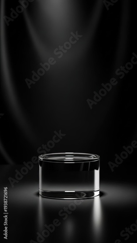 Transparent cylindrical glass podium on a reflective black surface with a dark draped fabric background and dramatic spotlighting Keywords: podium, stage, display, platform, glass, clear