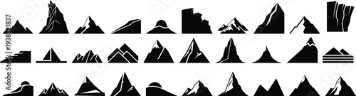 Diverse mountain peak silhouettes set for abstract nature landscape and outdoor graphics