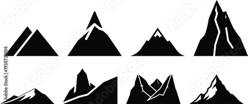 Mountain peak silhouette icons collection for adventure nature landscape and outdoor design