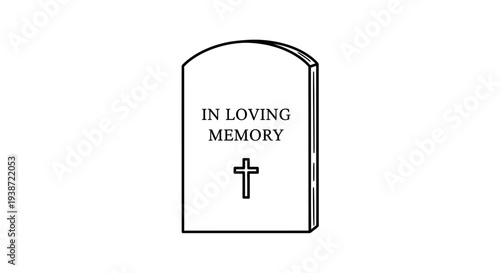 Tombstone with inscription "In Loving Memory" and Christian cross, simple line art