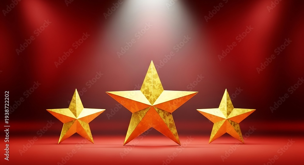 Fototapeta premium Three golden stars are spotlighted against a red backdrop, for achievement or recognition