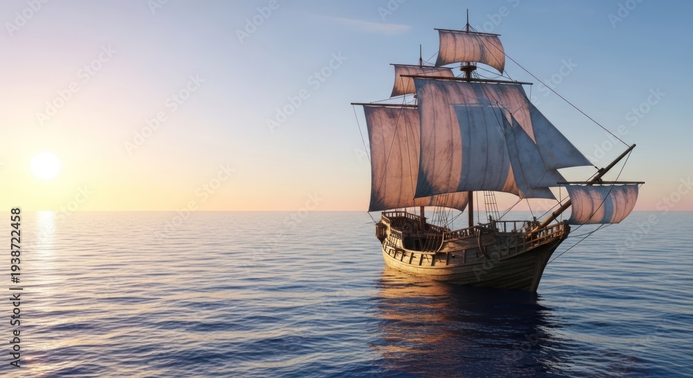 Obraz premium Tall ship sailing on calm ocean at sunset, sails full and water ripples softly