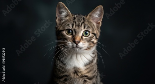 Striped tabby cat, brown & gray, white chest, wide green eyes, dark bg