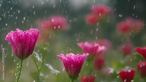Raining on flowers, ambient nature video, stock video, 4k animated seamless loop, seamless looping overlay 4k virtual video animation background, rain ambience, seamless ambience, 4k raining ambience