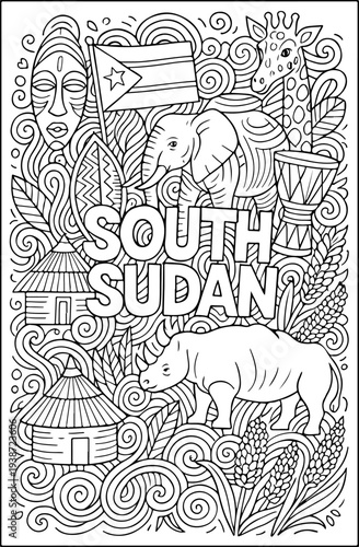 South Sudan hand drawn vector illustration doodle art line art coloring page for kids