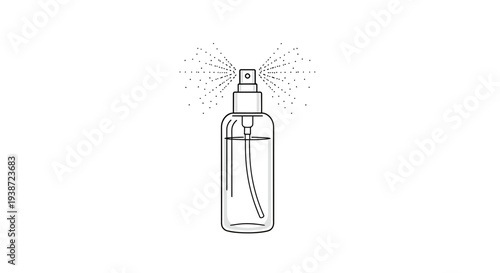 Spray bottle with liquid and mist coming out, isolated on white background, line art.
