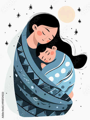 Flat vector illustration of a mother holding her sleeping baby, ideal for nursery decor, baby shower invitations, or parenting blogs.