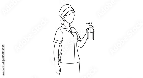 Spa worker holding lotion bottle, woman in uniform with towel on head, skincare concept